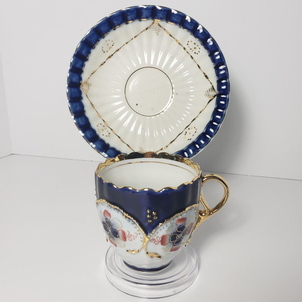 Ornate Vintage German Cup/Saucer, Cobalt & Gold